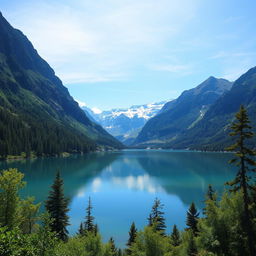 A beautiful landscape featuring a serene lake surrounded by mountains and lush greenery under a clear blue sky