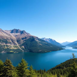 A beautiful landscape featuring a serene lake surrounded by mountains and lush greenery under a clear blue sky