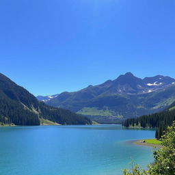 A beautiful landscape featuring a serene lake surrounded by mountains and lush greenery under a clear blue sky