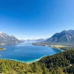 A beautiful landscape featuring a serene lake surrounded by mountains and lush greenery under a clear blue sky