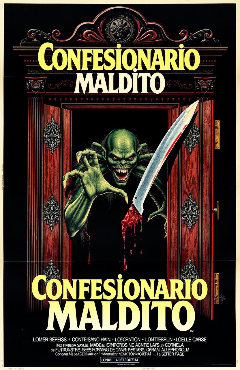 Póster vintage de película de terror española de los años 70 titulado 'Confesionario maldito', mostrando una garra monstruosa con un cuchillo ensangrentado asomando desde un confesionario oscuro y gótico