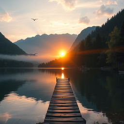 Create an image with a beautiful sunrise over a serene lake, surrounded by lush trees and mountains in the background