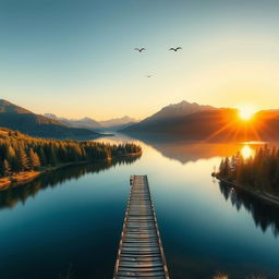 Create an image with a beautiful sunrise over a serene lake, surrounded by lush trees and mountains in the background