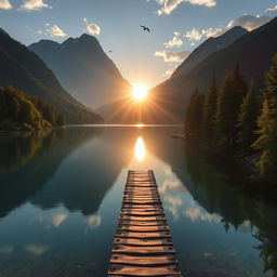 Create an image with a beautiful sunrise over a serene lake, surrounded by lush trees and mountains in the background