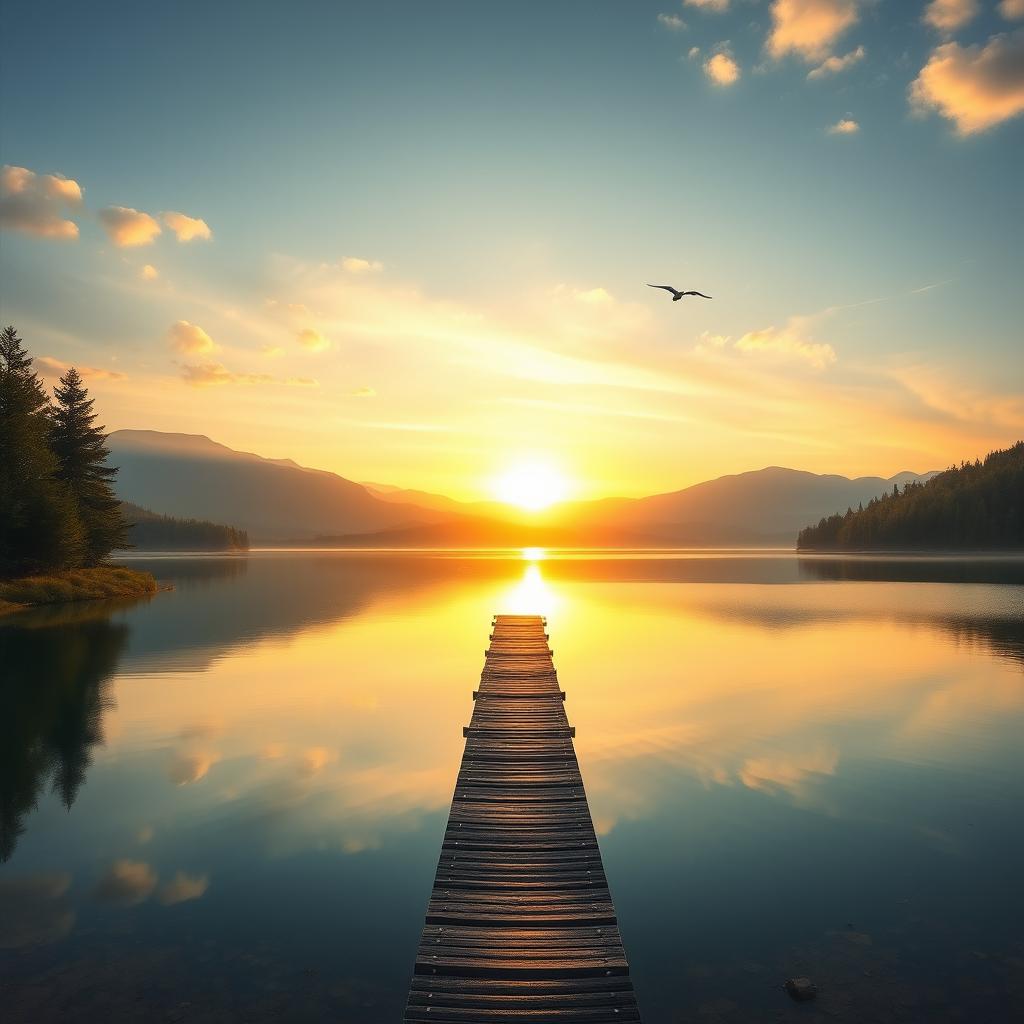 Create an image with a beautiful sunrise over a serene lake, surrounded by lush trees and mountains in the background