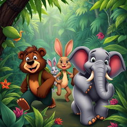 An adventurous scene in the heart of the jungle featuring Bongo the Bear, Whiskers the Rabbit, and Toot the Elephant