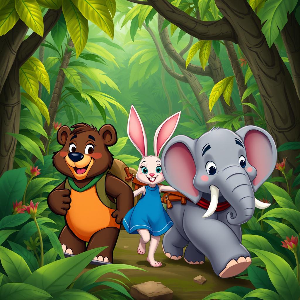 An adventurous scene in the heart of the jungle featuring Bongo the Bear, Whiskers the Rabbit, and Toot the Elephant