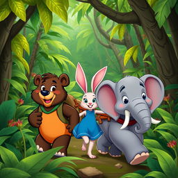 An adventurous scene in the heart of the jungle featuring Bongo the Bear, Whiskers the Rabbit, and Toot the Elephant