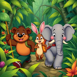 An adventurous scene in the heart of the jungle featuring Bongo the Bear, Whiskers the Rabbit, and Toot the Elephant