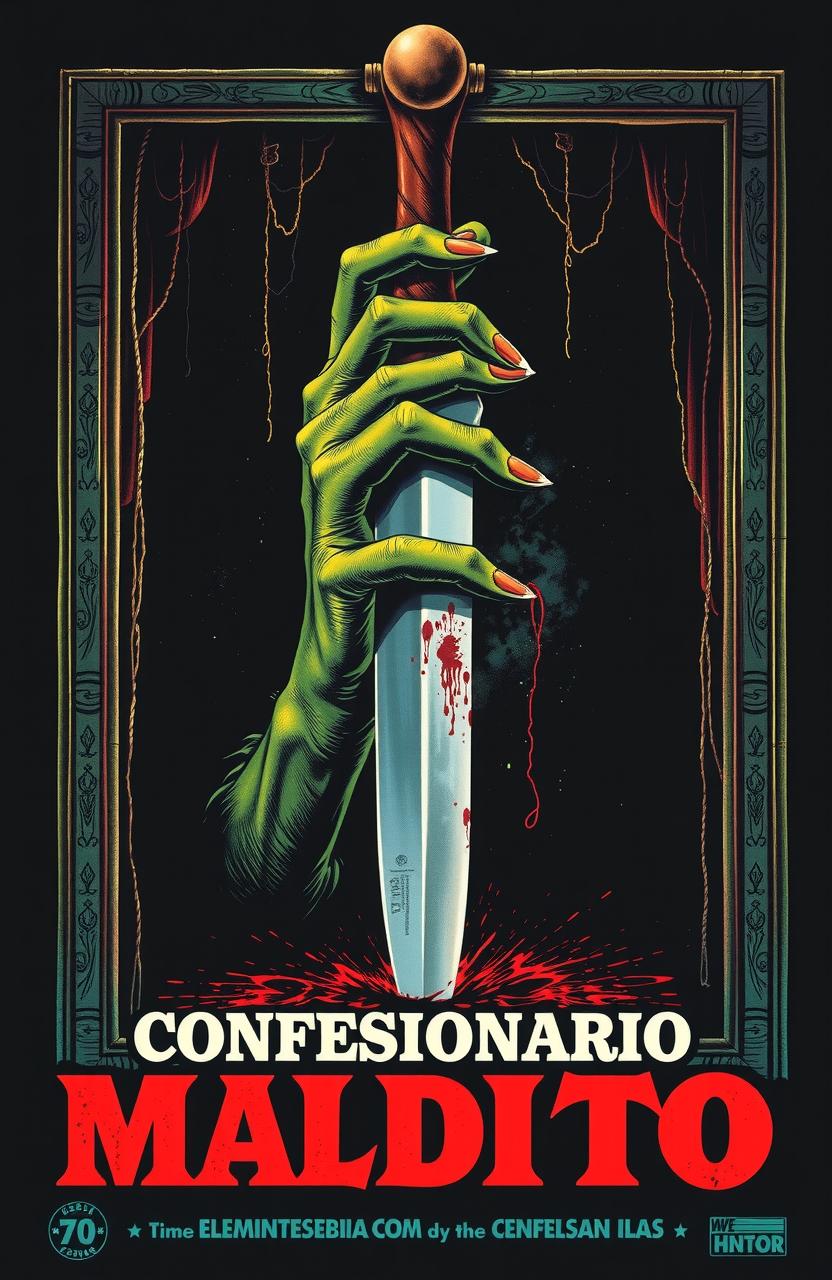 Un póster vintage de una película de terror española de los años 70 titulada 'Confesionario maldito', mostrando la garra de un monstruo sosteniendo un cuchillo manchado de sangre desde el interior de un confesionario oscuro y tétrico