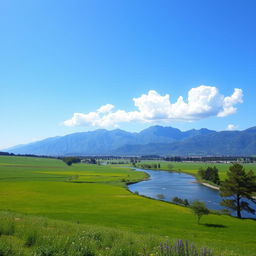 A beautiful landscape with a clear blue sky, lush green fields, and a serene river flowing through