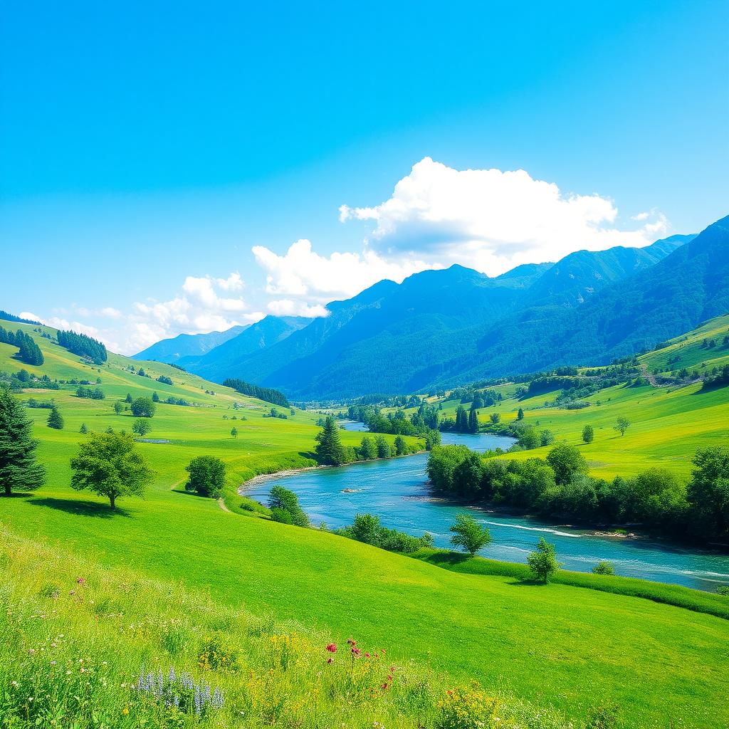 A beautiful landscape with a clear blue sky, lush green fields, and a serene river flowing through