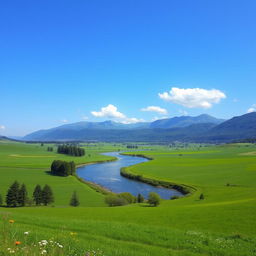 A beautiful landscape with a clear blue sky, lush green fields, and a serene river flowing through