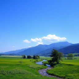 A beautiful landscape with a clear blue sky, lush green fields, and a serene river flowing through