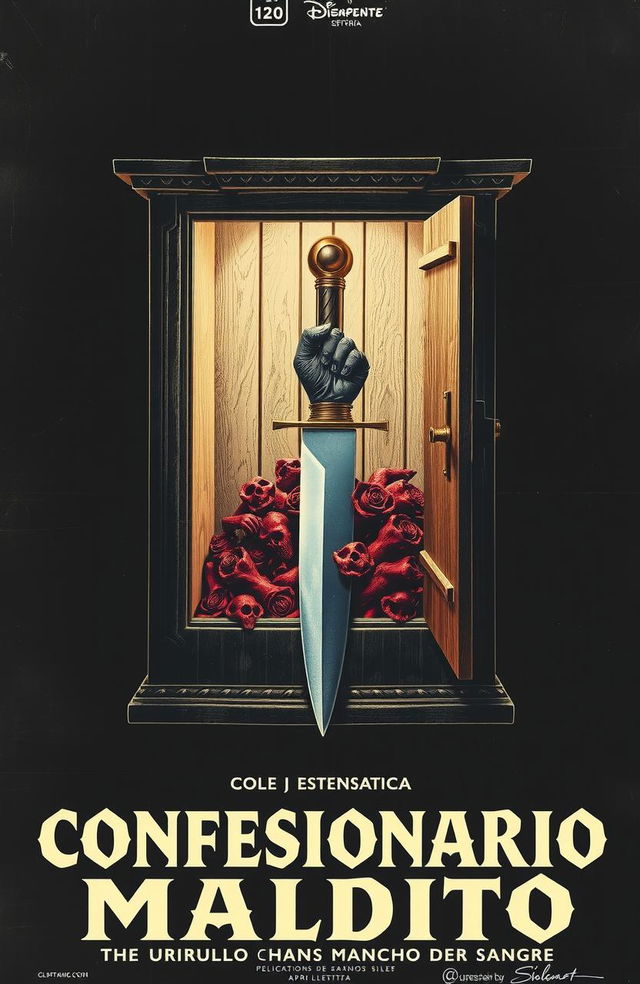 Póster vintage de una película de terror española de los años 70 titulada "Confesionario maldito", con una garra monstruosa sosteniendo un cuchillo ensangrentado emergiendo de un confesionario antiguo