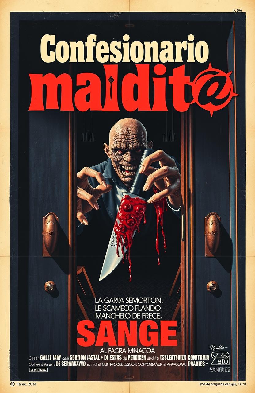 Póster vintage de una película de terror española de los años 70 titulada 'Confesionario maldito', con una garra escamosa y un cuchillo manchado de sangre asomando desde un confesionario oscuro