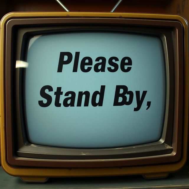 A vintage television screen displaying the text 'Please Stand By' in the iconic style of the Fallout video game series