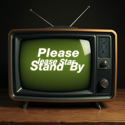 A vintage television screen displaying the text 'Please Stand By' in the iconic style of the Fallout video game series