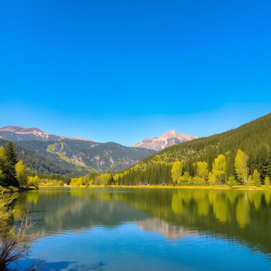 A beautiful landscape featuring a serene lake surrounded by lush green trees and mountains in the background under a clear blue sky