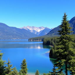 A beautiful landscape featuring a serene lake surrounded by lush green trees and mountains in the background under a clear blue sky