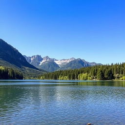 A beautiful landscape featuring a serene lake surrounded by lush green trees and mountains in the background under a clear blue sky