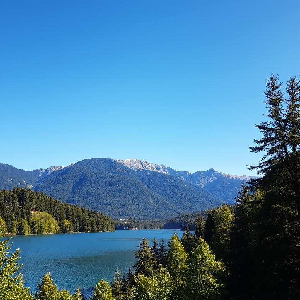 A beautiful landscape featuring a serene lake surrounded by lush green trees and mountains in the background under a clear blue sky