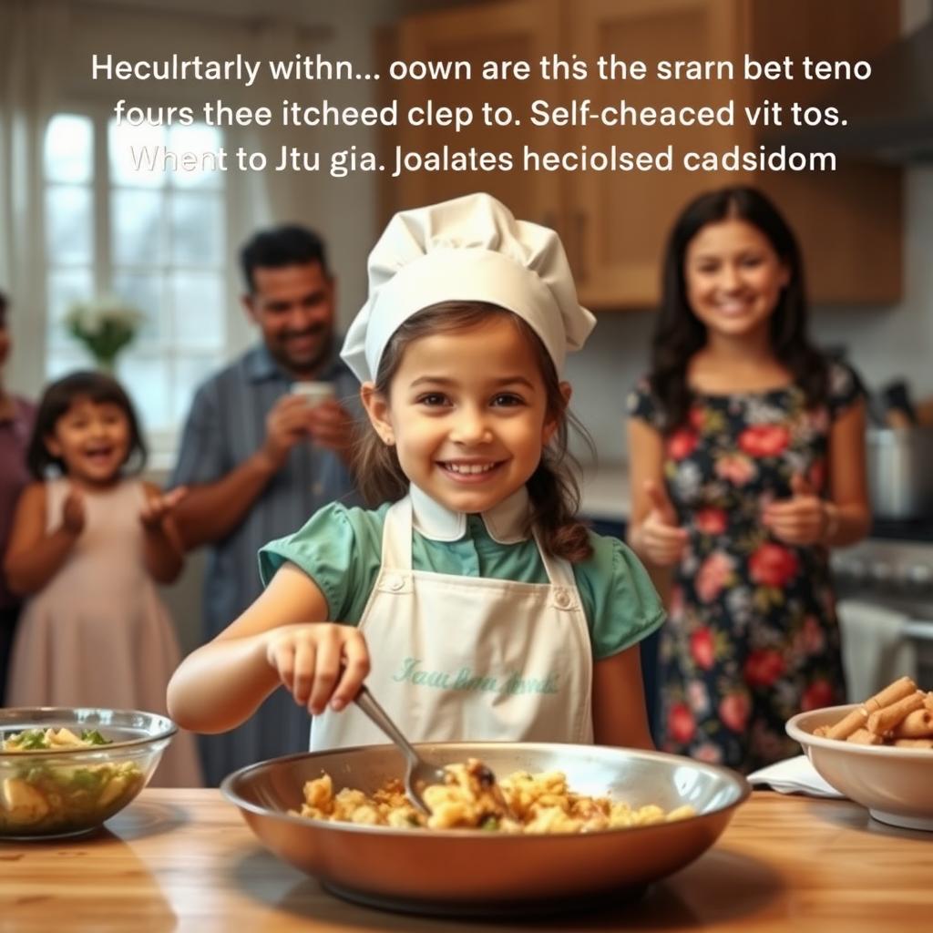 A heartwarming scene of a little girl named Joana in a kitchen, surrounded by her supportive family