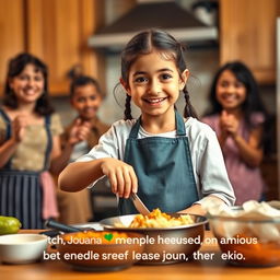 A heartwarming scene of a little girl named Joana in a kitchen, surrounded by her supportive family