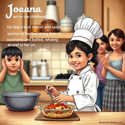 A heartwarming scene of a little girl named Joana in a kitchen, surrounded by her supportive family