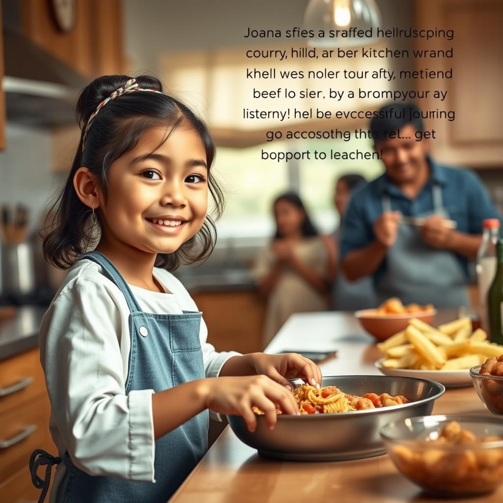 A heartwarming scene of a little girl named Joana in a kitchen, surrounded by her supportive family