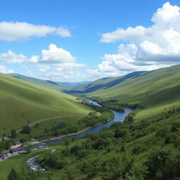 A beautiful landscape featuring rolling hills, a clear blue sky with fluffy white clouds, and a serene river flowing through a lush green valley