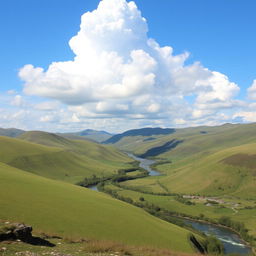 A beautiful landscape featuring rolling hills, a clear blue sky with fluffy white clouds, and a serene river flowing through a lush green valley