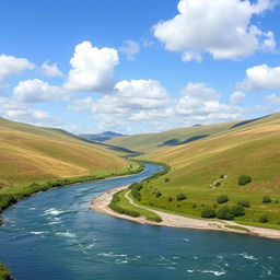 A beautiful landscape featuring rolling hills, a clear blue sky with fluffy white clouds, and a serene river flowing through a lush green valley