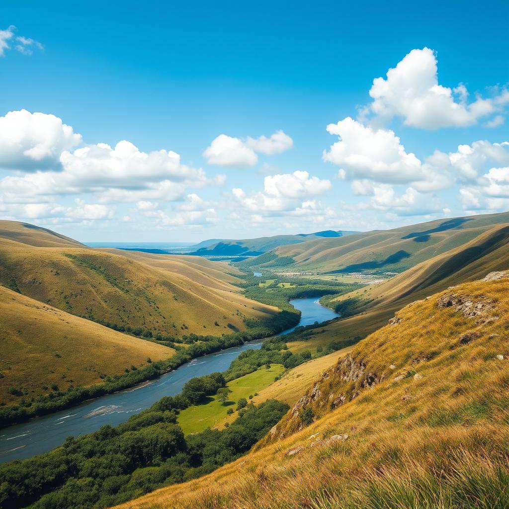 A beautiful landscape featuring rolling hills, a clear blue sky with fluffy white clouds, and a serene river flowing through a lush green valley