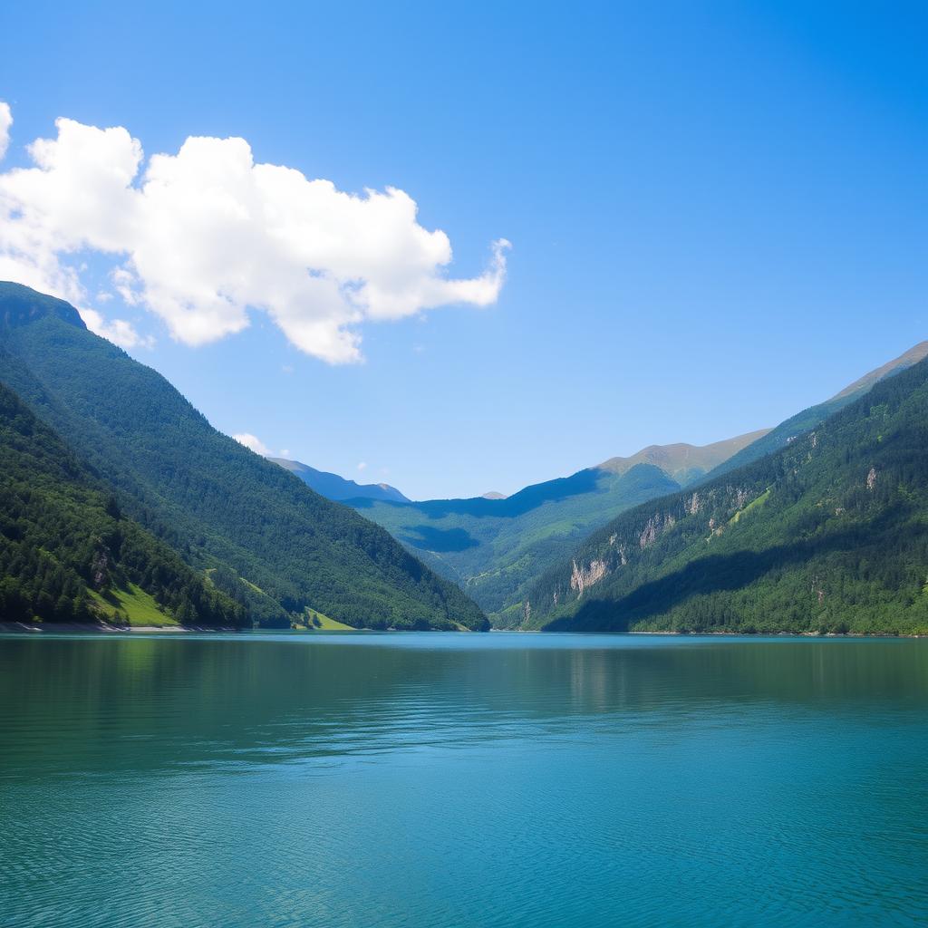 A beautiful landscape featuring a serene lake surrounded by lush green mountains under a clear blue sky with a few fluffy white clouds