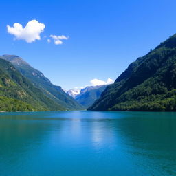 A beautiful landscape featuring a serene lake surrounded by lush green mountains under a clear blue sky with a few fluffy white clouds