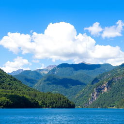 A beautiful landscape featuring a serene lake surrounded by lush green mountains under a clear blue sky with a few fluffy white clouds