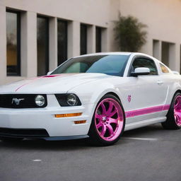 A stylish all-white Mustang with chrome pink tinted windows and chrome pink rims, gleaming under a bright light.