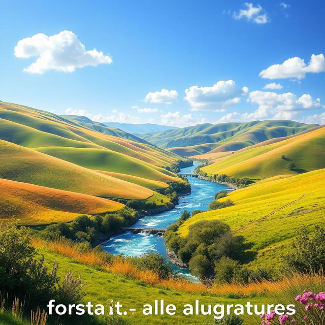 A vibrant and colorful image featuring a serene landscape with rolling hills, a clear blue sky, and a sparkling river flowing through the valley