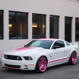 A stylish all-white Mustang with chrome pink tinted windows and chrome pink rims, gleaming under a bright light.