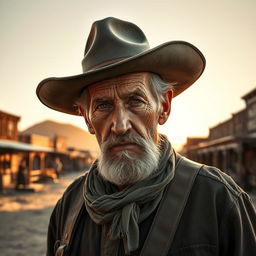 An old gunfighter stands in the wild west, with a weathered face, rugged clothing, and a classic cowboy hat