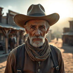 An old gunfighter stands in the wild west, with a weathered face, rugged clothing, and a classic cowboy hat