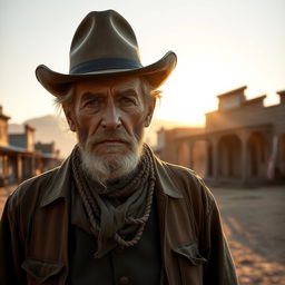 An old gunfighter stands in the wild west, with a weathered face, rugged clothing, and a classic cowboy hat