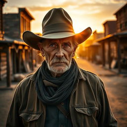 An old gunfighter stands in the wild west, with a weathered face, rugged clothing, and a classic cowboy hat