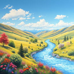 Create a detailed and vibrant image of a serene landscape with rolling hills, a clear blue sky, and a sparkling river flowing through the valley