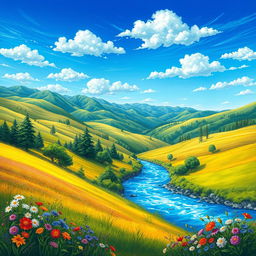 Create a detailed and vibrant image of a serene landscape with rolling hills, a clear blue sky, and a sparkling river flowing through the valley