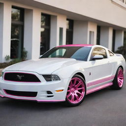 A stylish all-white Mustang with chrome pink tinted windows and chrome pink rims, gleaming under a bright light.