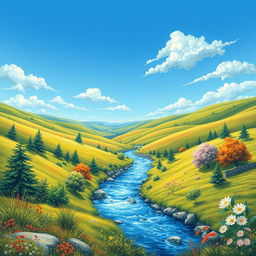 Create a detailed and vibrant image of a serene landscape with rolling hills, a clear blue sky, and a sparkling river flowing through the valley