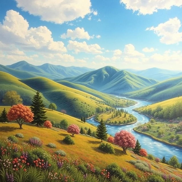 Create a detailed and vibrant image of a serene landscape with rolling hills, a clear blue sky, and a sparkling river flowing through the valley