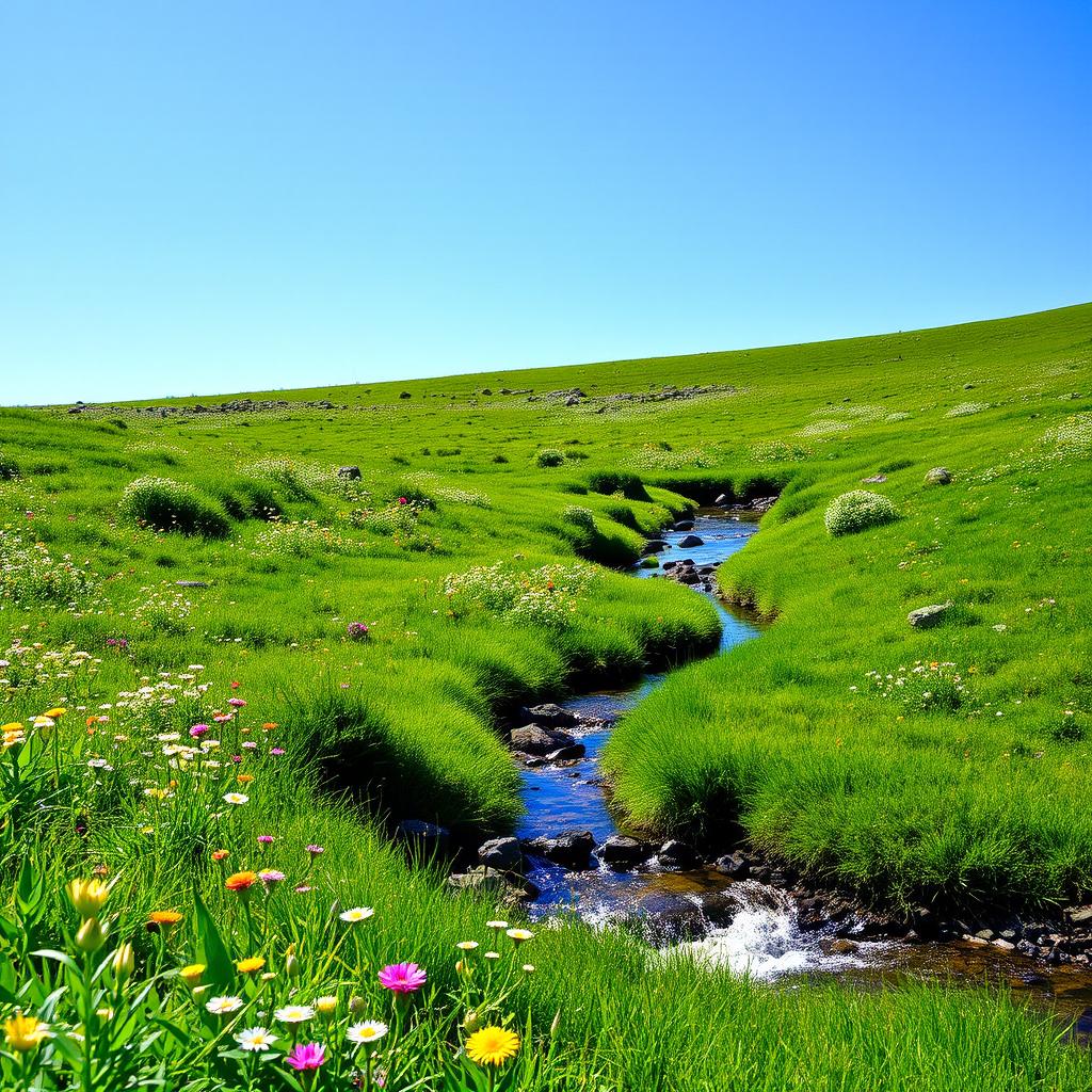 A serene landscape featuring a lush green meadow with colorful wildflowers, a clear blue sky, and a gentle stream flowing through